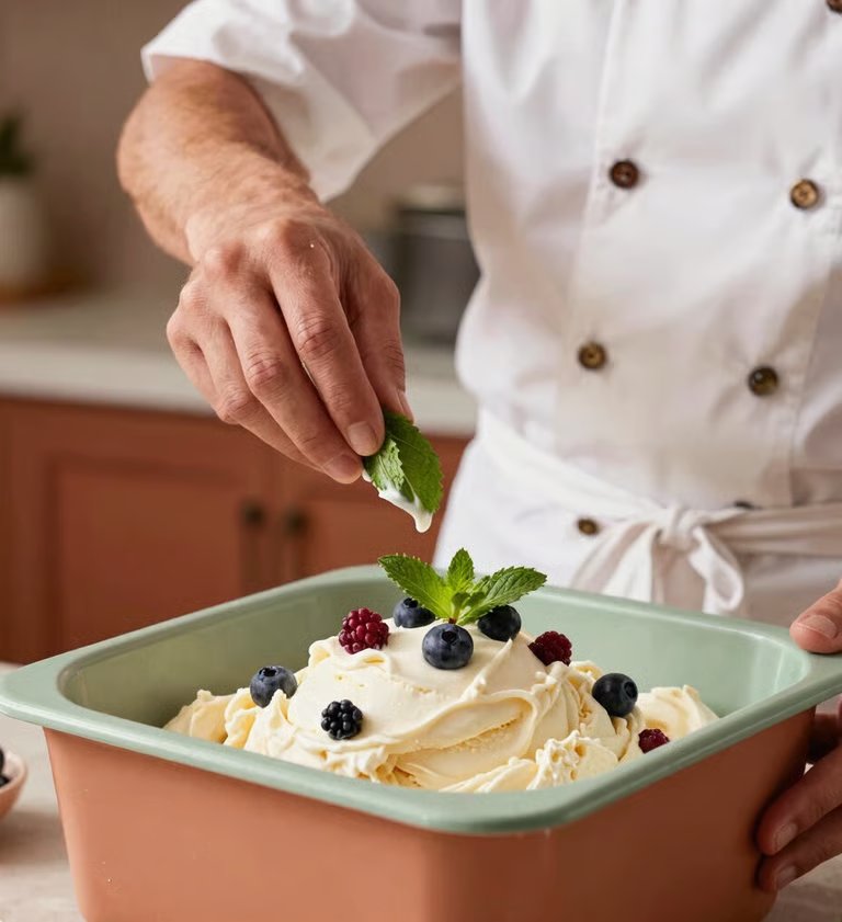 Professional artisanal ice cream maker in a clean modern kitchen carefully preparing sorbet, adding fresh mint leaves and whole berries to creamy churned ice cream, warm soft lighting, vibrant terracotta and sage green color accents, South American setting.