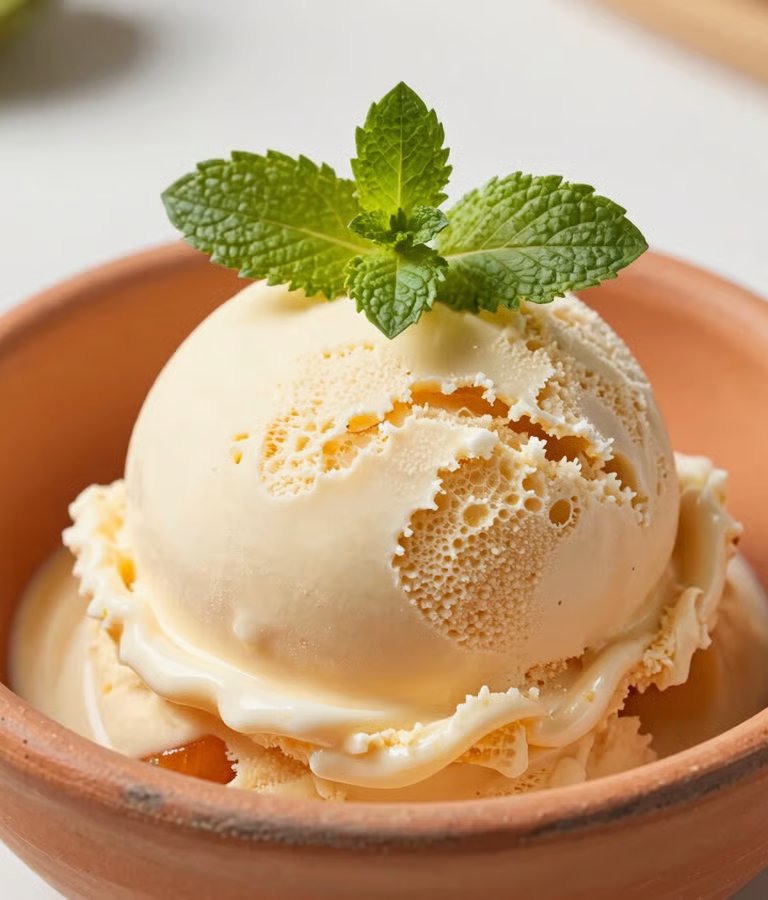 Close-up photography of creamy tropical fruit ice cream scoop garnished with fresh mint, presented in a handcrafted terracotta orange dish under bright natural daylight.