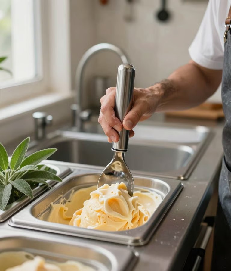 Warm artisanal photography of an ice cream maker preparing fresh fruit gelato in a bright South American / Brazilian kitchen setting with cream and sage green ambient details.