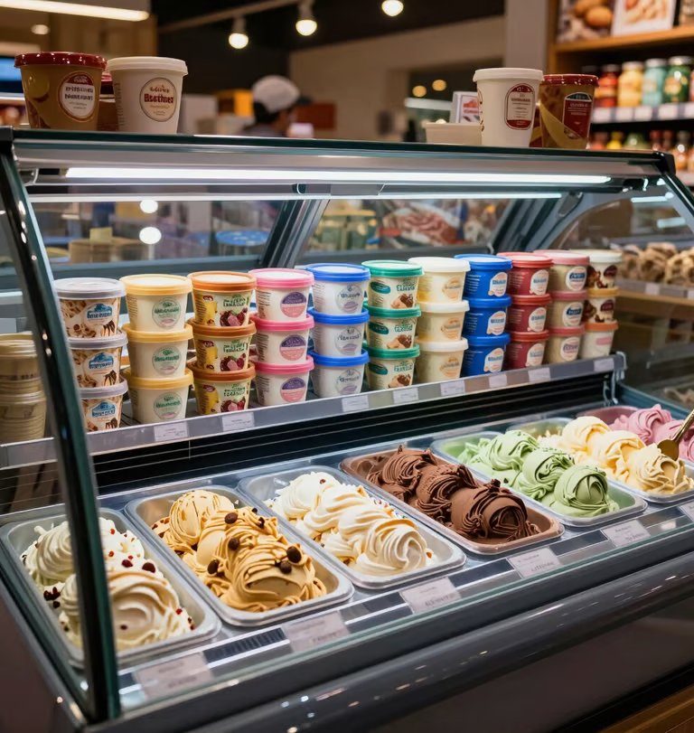 Commercial display freezer neatly arranged with colorful tubs of gourmet artisanal ice cream inside a modern South American / Brazilian market.