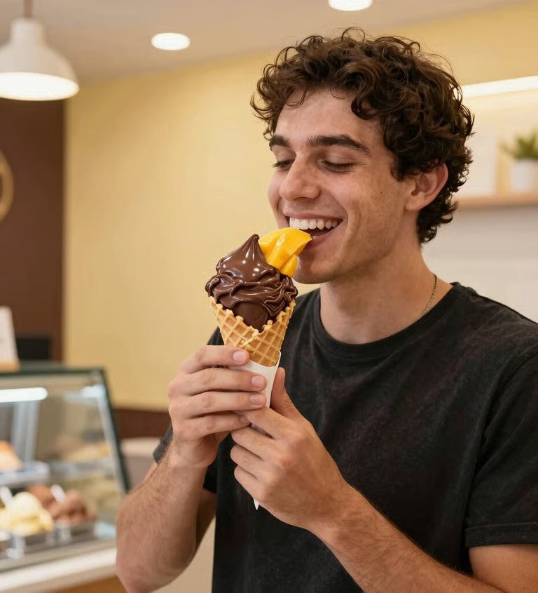 Happy customer enjoying a waffle cone filled with rich artisanal chocolate and mango sorbet inside a bright, stylish modern Brazilian ice cream shop, warm ambient light, soft warm vanilla yellow and dark chocolate brown backdrop.
