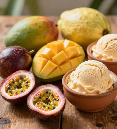 Detailed photography prompt of fresh tropical South American fruits like passionfruit, mango, and guava laid out on a rustic wooden table alongside scoops of handmade ice cream in terracotta ceramic bowls, warm sunlight, soft focus depth of field, vibrant natural tones.