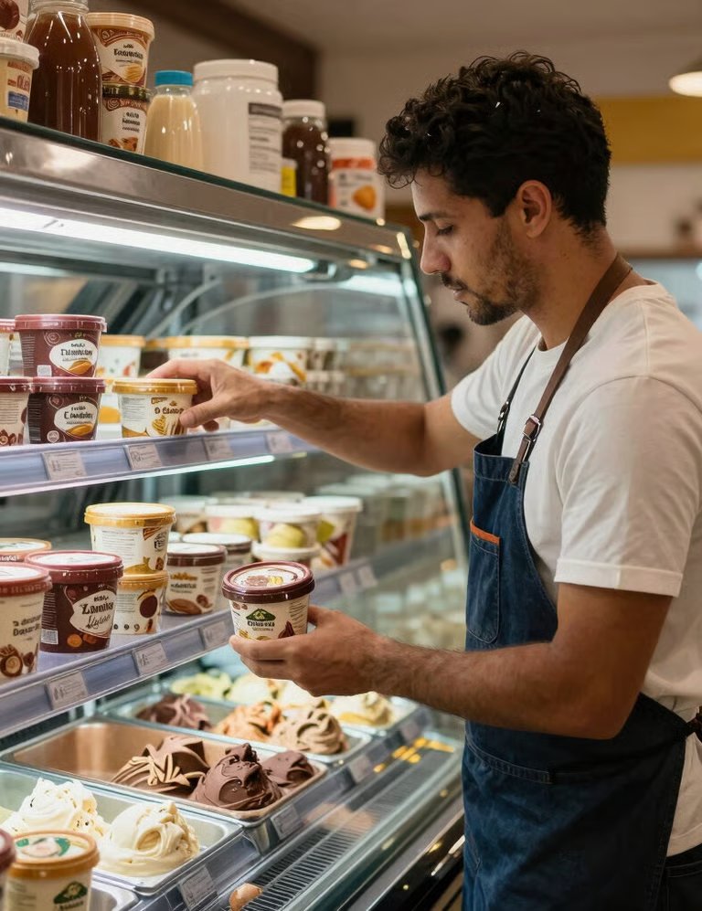 A South American / Brazilian cafe manager stocking branded artisanal ice cream tubs into a glass display freezer in a warm, inviting retail shop atmosphere.
